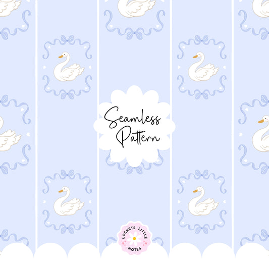 High-resolution seamless pattern featuring blue fairy tale bows and white swans on a light blue and white pinstripe background. Lockets Little Notes