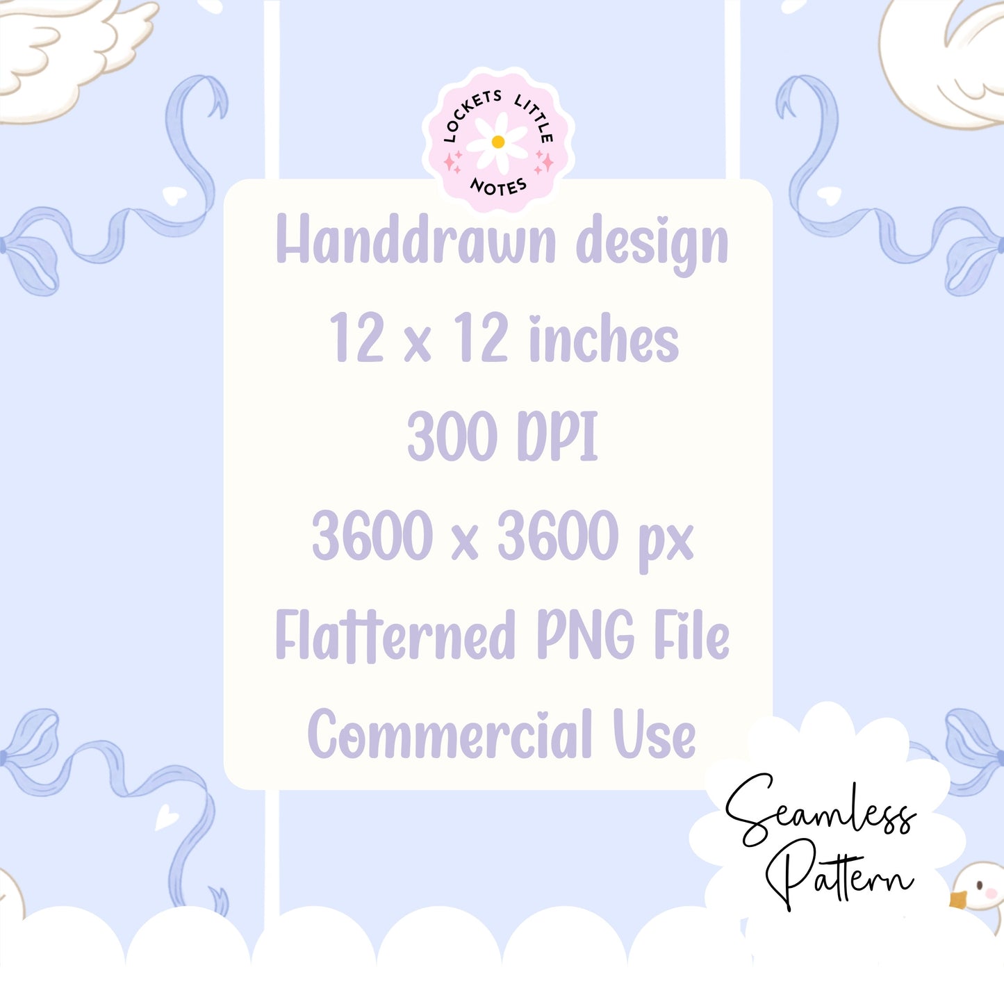 Handdrawn design with text on a light blue background High-resolution seamless pattern featuring blue fairy tale bows and white swans on a light blue and white pinstripe background. Nursery Decor. Baby shower