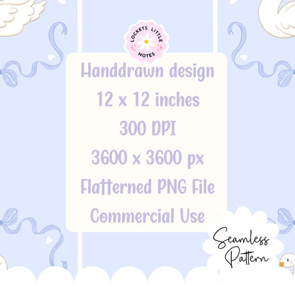 Handdrawn design with text on a light blue background High-resolution seamless pattern featuring blue fairy tale bows and white swans on a light blue and white pinstripe background. Nursery Decor. Baby shower