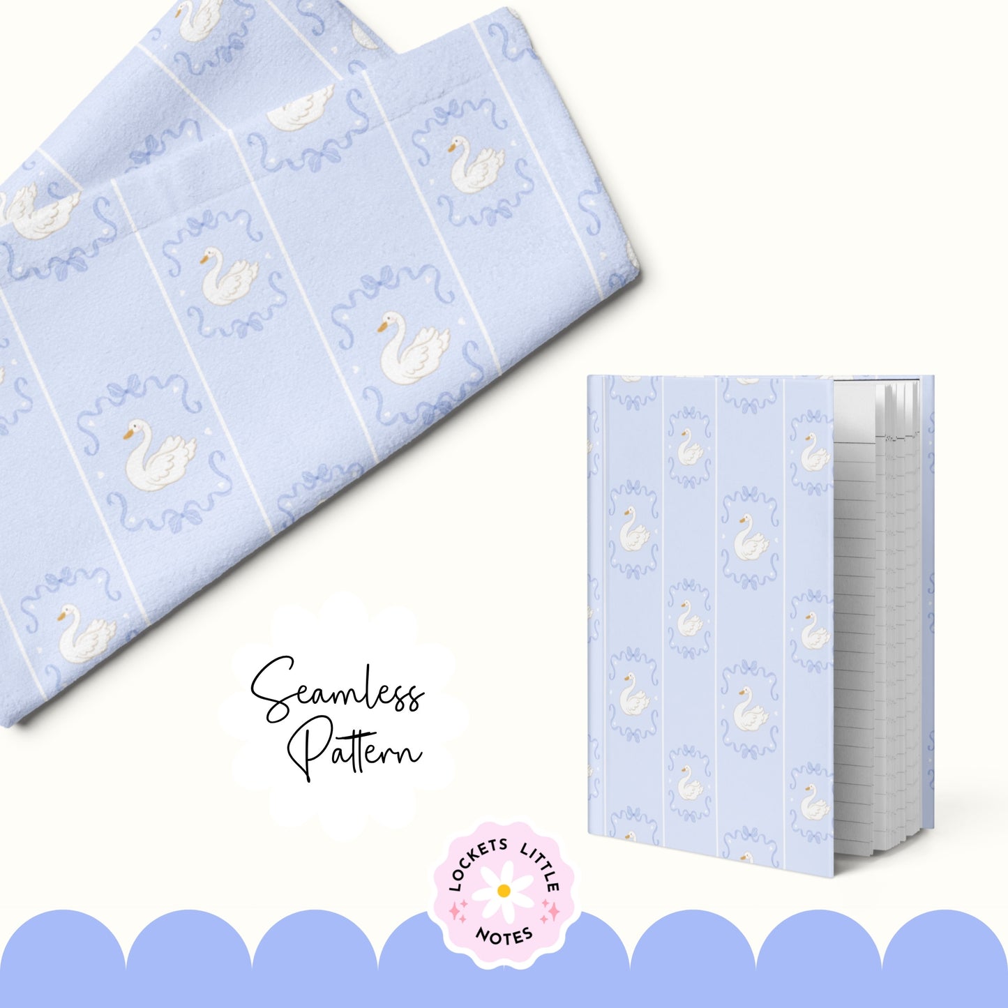 Notebook with blue swan pattern on a white background and fabric printed the blue swan pattern. High-resolution seamless pattern featuring blue fairy tale bows and white swans on a light blue and white pinstripe background.
