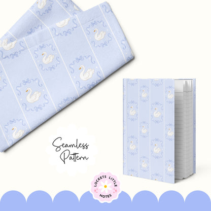 Notebook with blue swan pattern on a white background and fabric printed the blue swan pattern. High-resolution seamless pattern featuring blue fairy tale bows and white swans on a light blue and white pinstripe background.