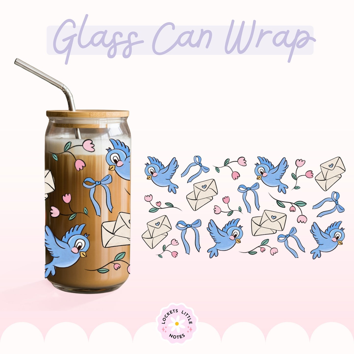 Fairytale Blue Bird Glass Can Wrap PNG, Coquette Ribbon & Rose Design, Floral Envelope 16oz Libbey tumbler, 2 Files POD, Digital Download