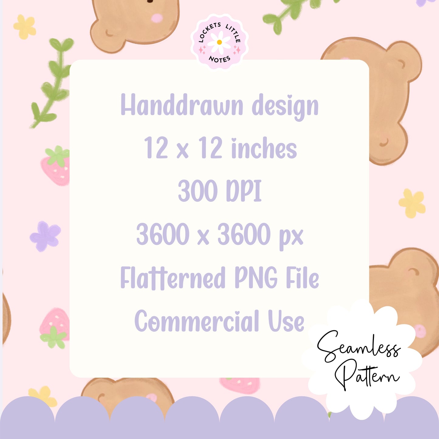 Whimsical Bear Seamless Pattern, Woodland Strawberry Floral (Digital Download)