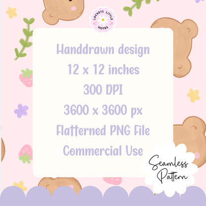 Whimsical Bear Seamless Pattern, Woodland Strawberry Floral (Digital Download)