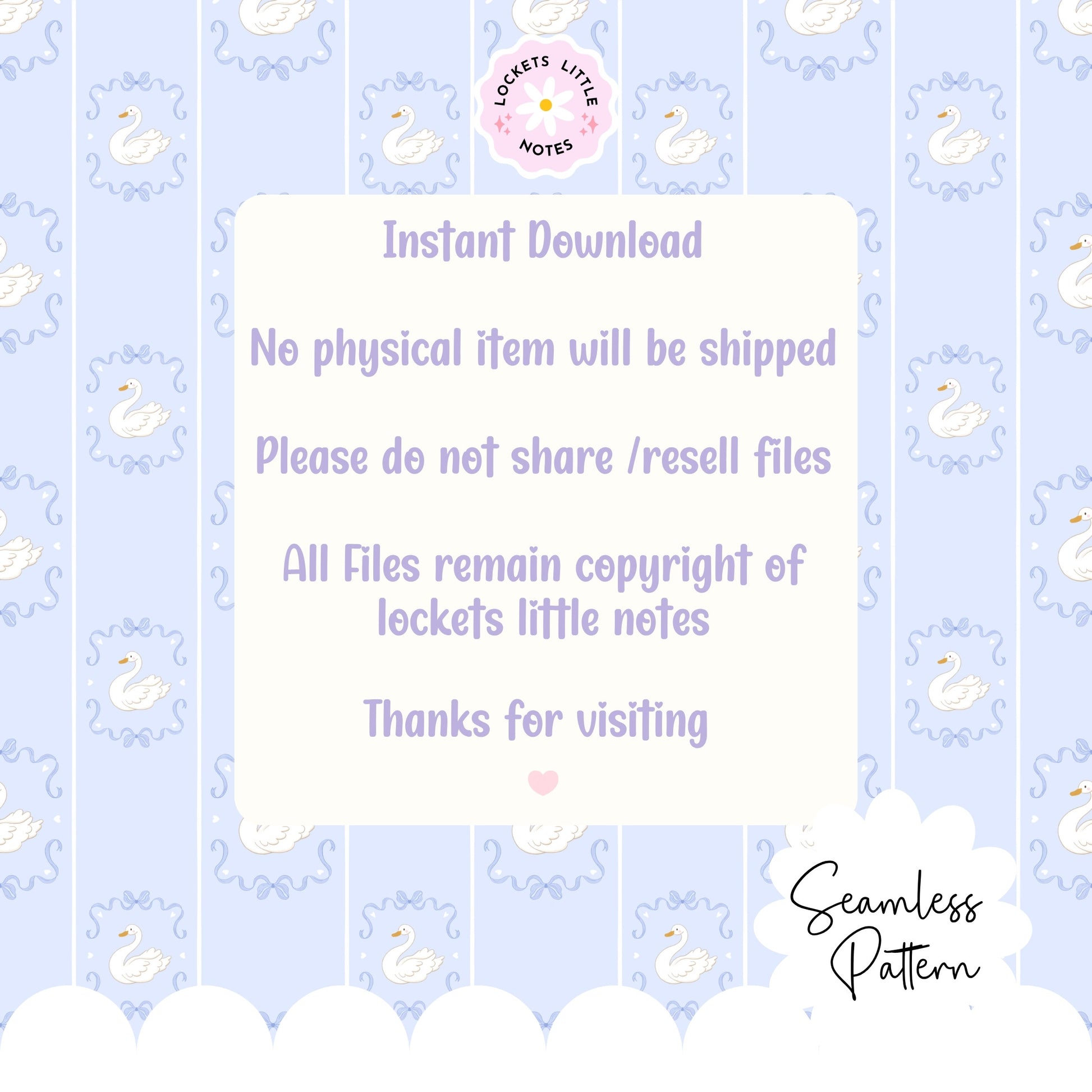 Digital download information on a patterned background with swans and text. High-resolution seamless pattern featuring blue fairy tale bows and white swans on a light blue and white pinstripe background.
