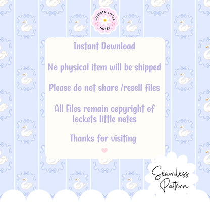 Digital download information on a patterned background with swans and text. High-resolution seamless pattern featuring blue fairy tale bows and white swans on a light blue and white pinstripe background.