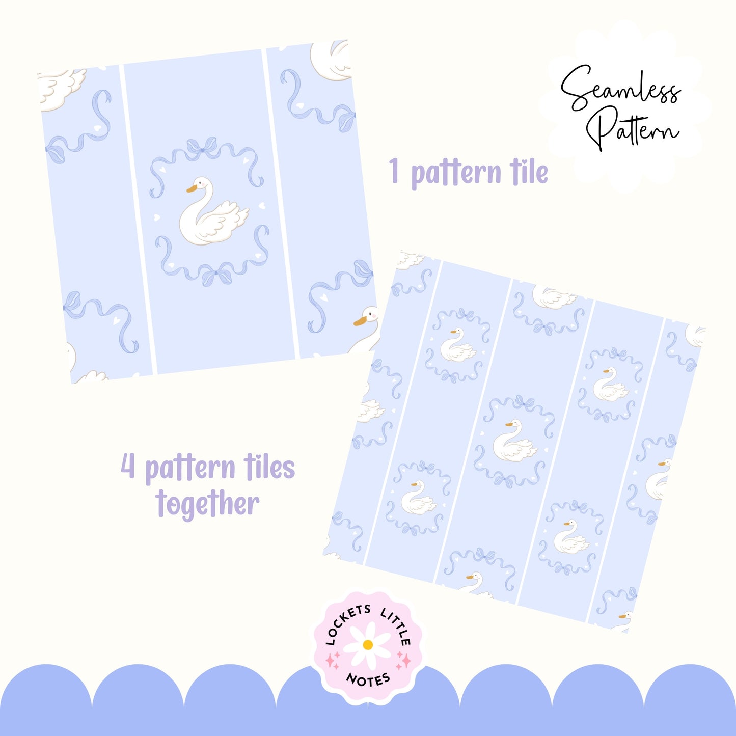 Pattern tiles with swan design on a light blue background, featuring the brand 'Lockets Little Notes'. High-resolution seamless pattern featuring blue fairy tale bows and white swans on a light blue and white pinstripe background.