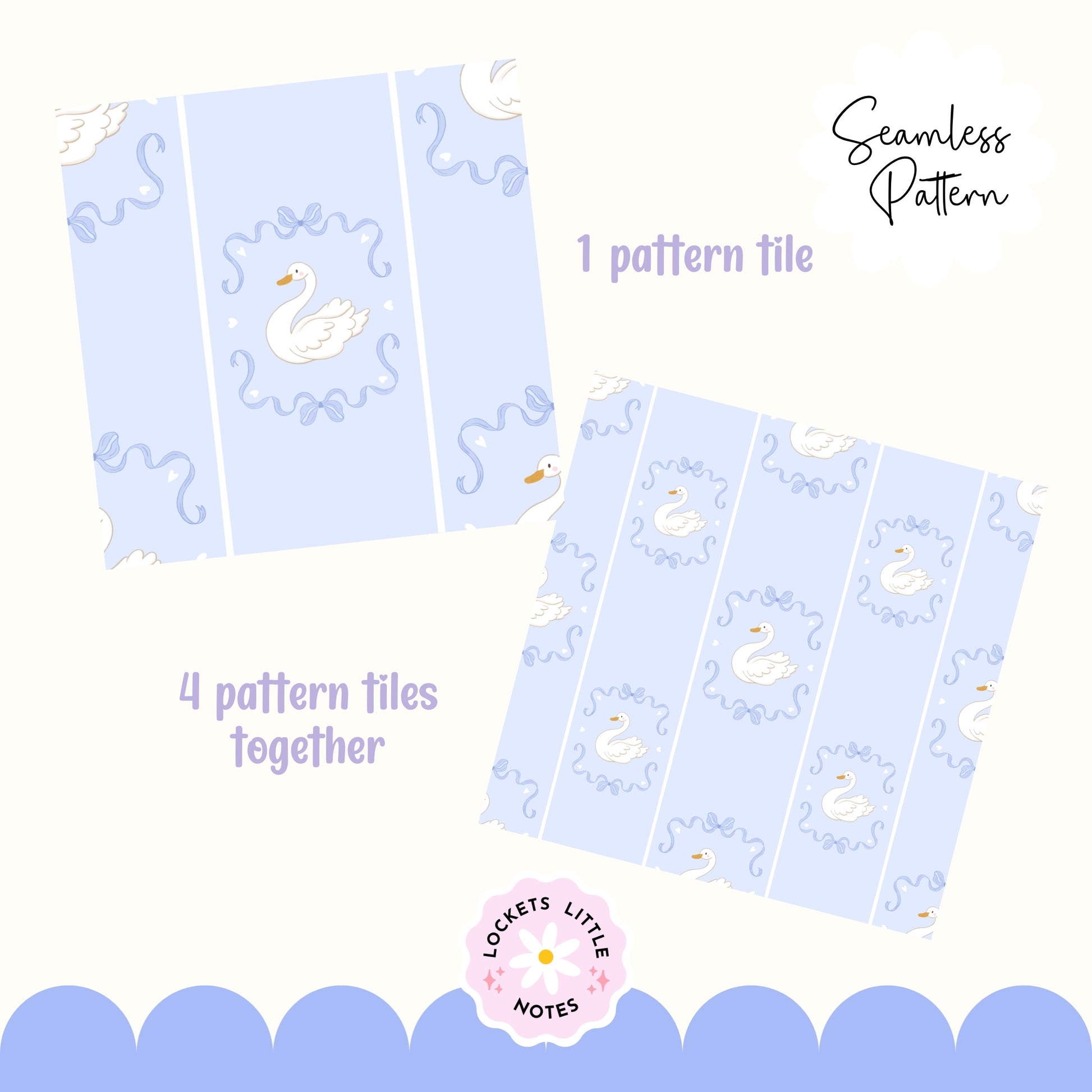 Pattern tiles with swan design on a light blue background, featuring the brand 'Lockets Little Notes'. High-resolution seamless pattern featuring blue fairy tale bows and white swans on a light blue and white pinstripe background.