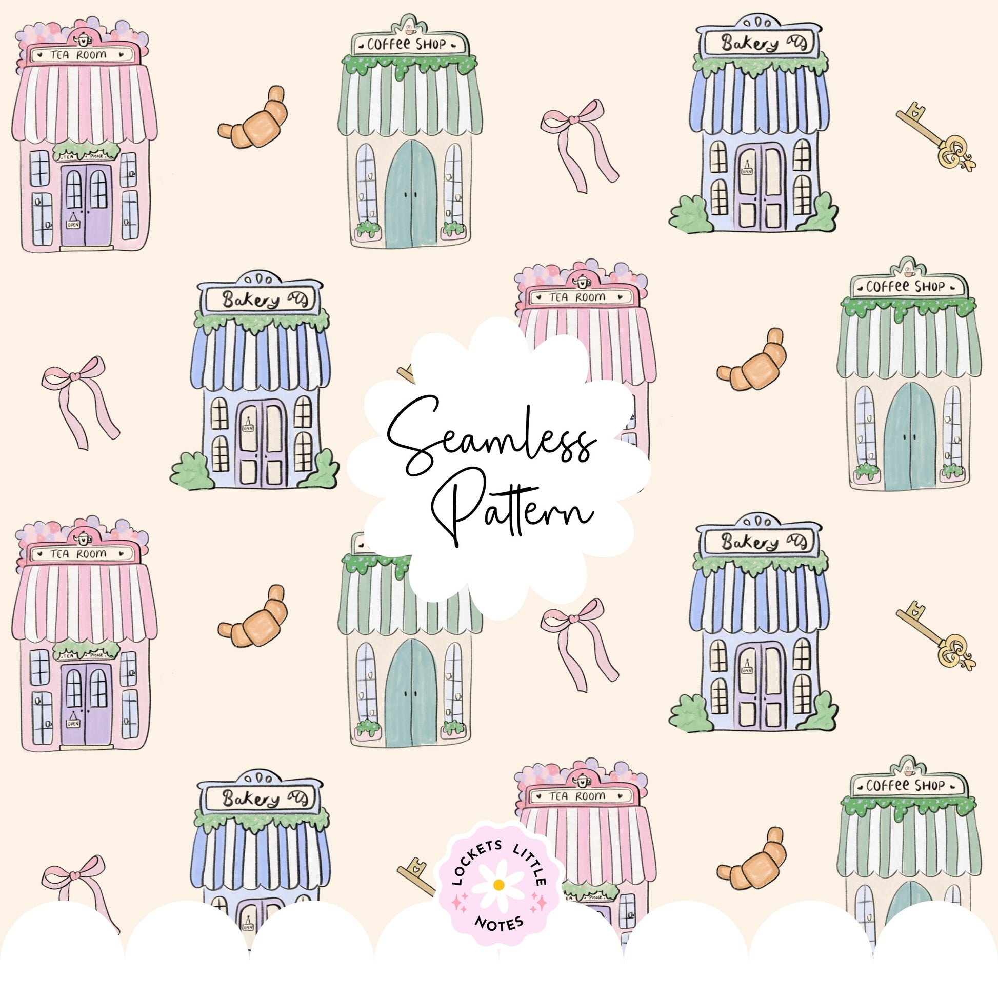 Seamless pattern on a cream background featuring hand-illustrated pastel shops, including a bakery, tea house, and coffee shop.