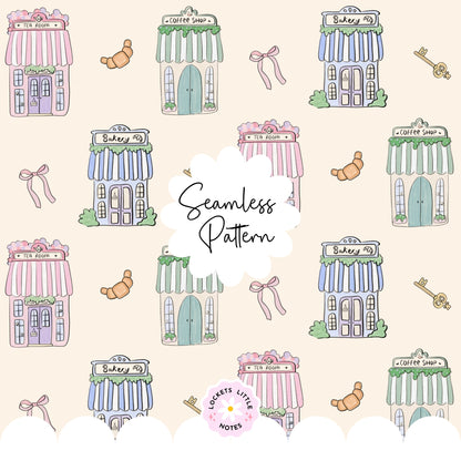 Seamless pattern on a cream background featuring hand-illustrated pastel shops, including a bakery, tea house, and coffee shop.