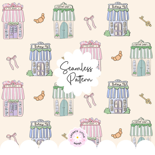 Seamless pattern on a cream background featuring hand-illustrated pastel shops, including a bakery, tea house, and coffee shop.