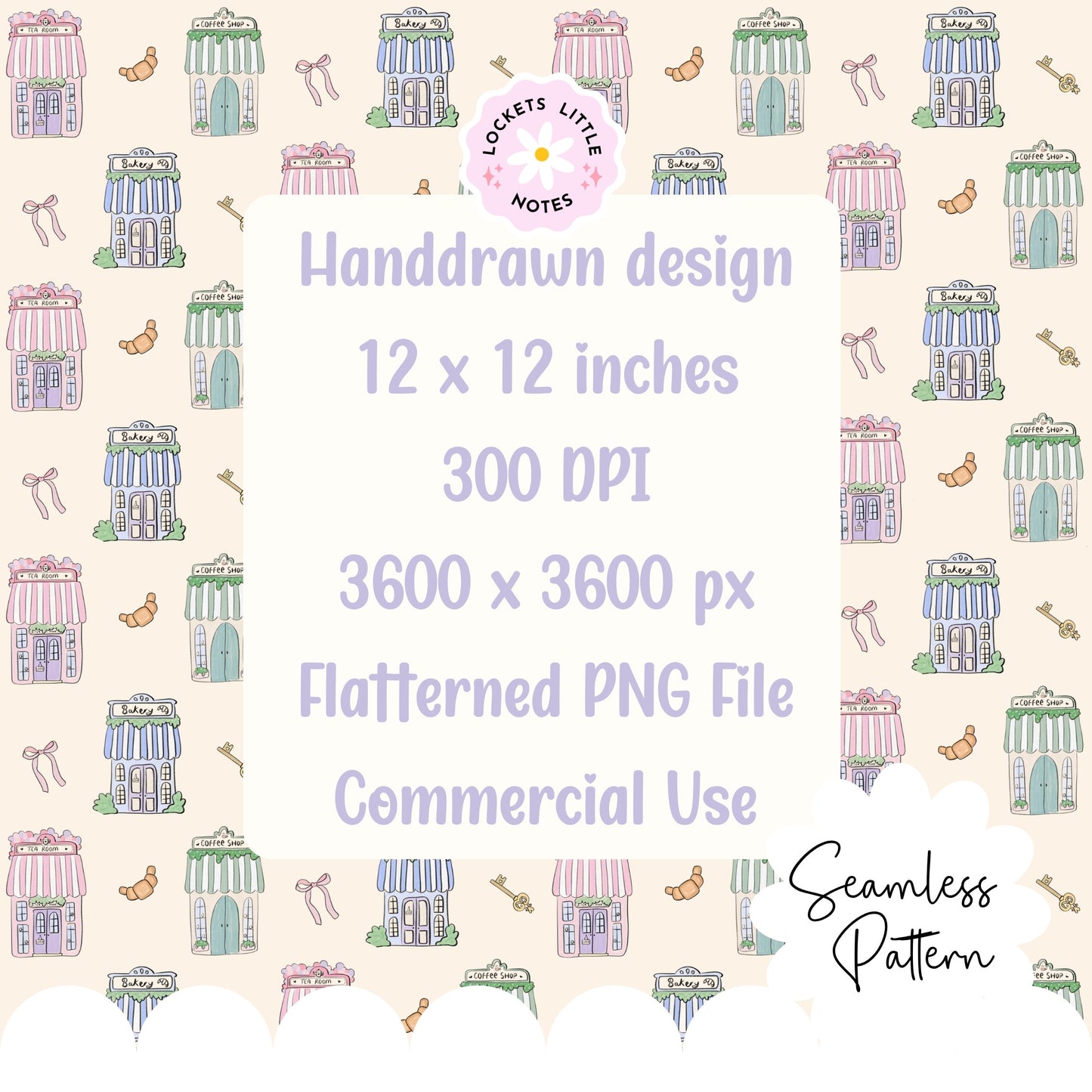 Seamless pattern on a cream background featuring hand-illustrated pastel shops, including a bakery, tea house, and coffee shop.