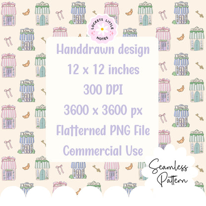 Seamless pattern on a cream background featuring hand-illustrated pastel shops, including a bakery, tea house, and coffee shop.