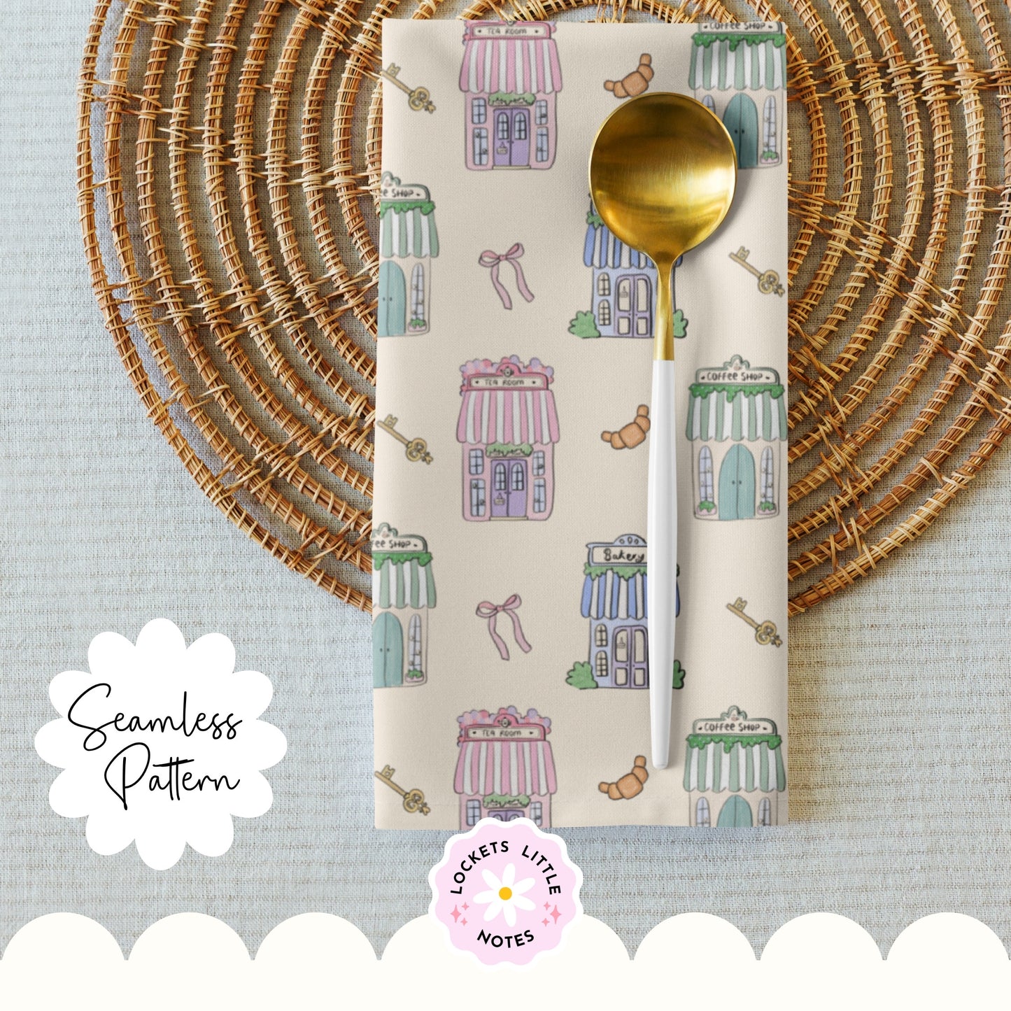 Napkin with cute pattern, gold spoon, and 'Lockets Little Notes' branding on a textured surface. Seamless pattern on a cream background featuring hand-illustrated pastel shops, including a bakery, tea house, and coffee shop.