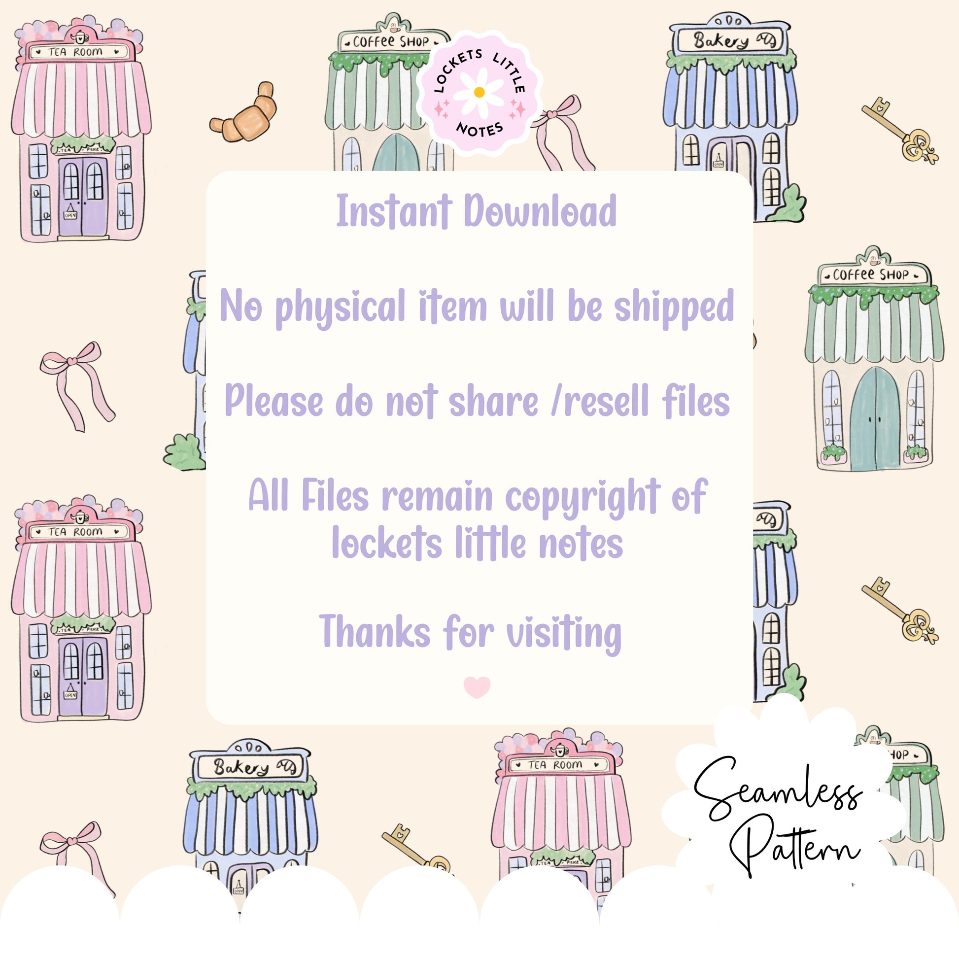 Seamless pattern on a cream background featuring hand-illustrated pastel shops, including a bakery, tea house, and coffee shop.