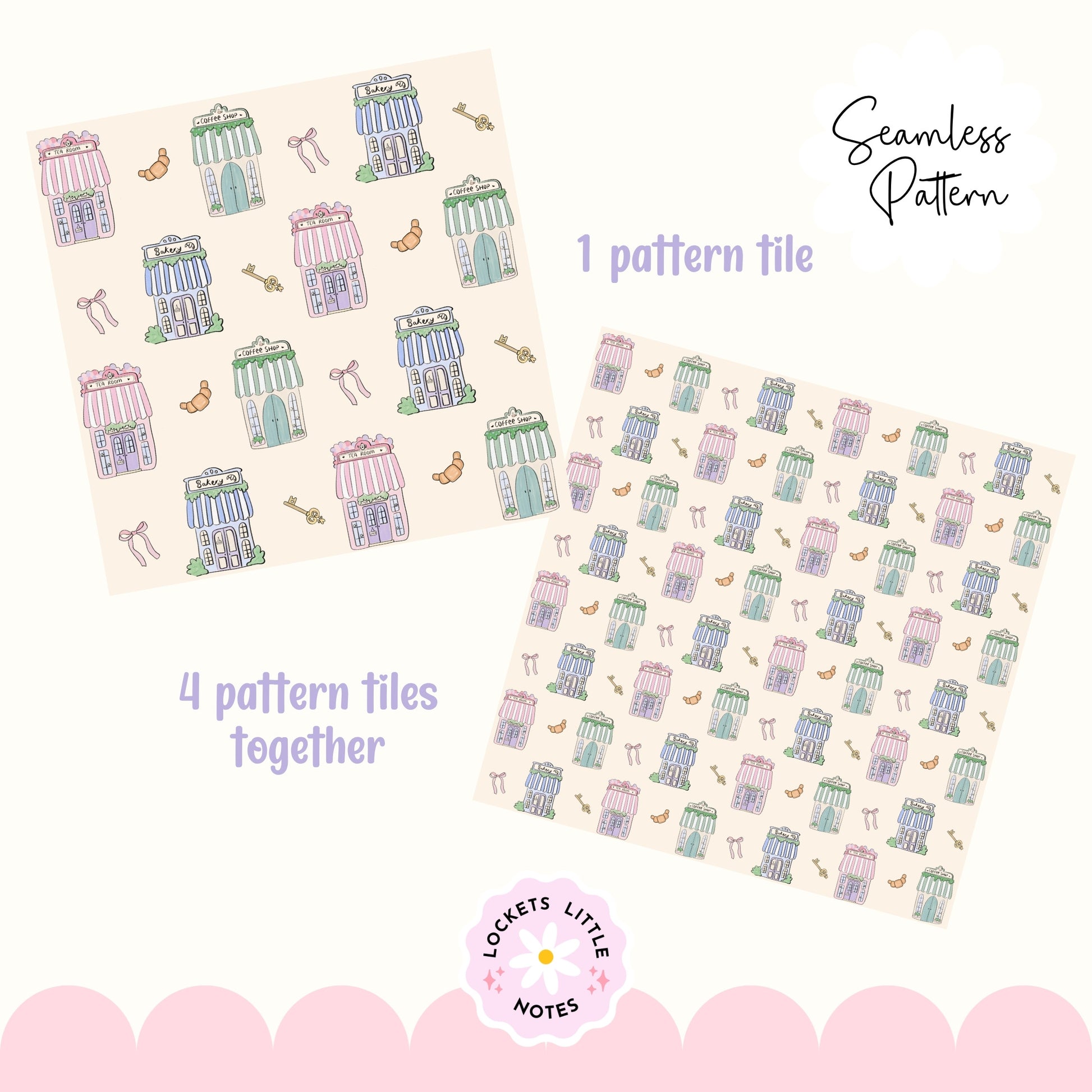 Seamless pattern on a cream background featuring hand-illustrated pastel shops, including a bakery, tea house, and coffee shop.