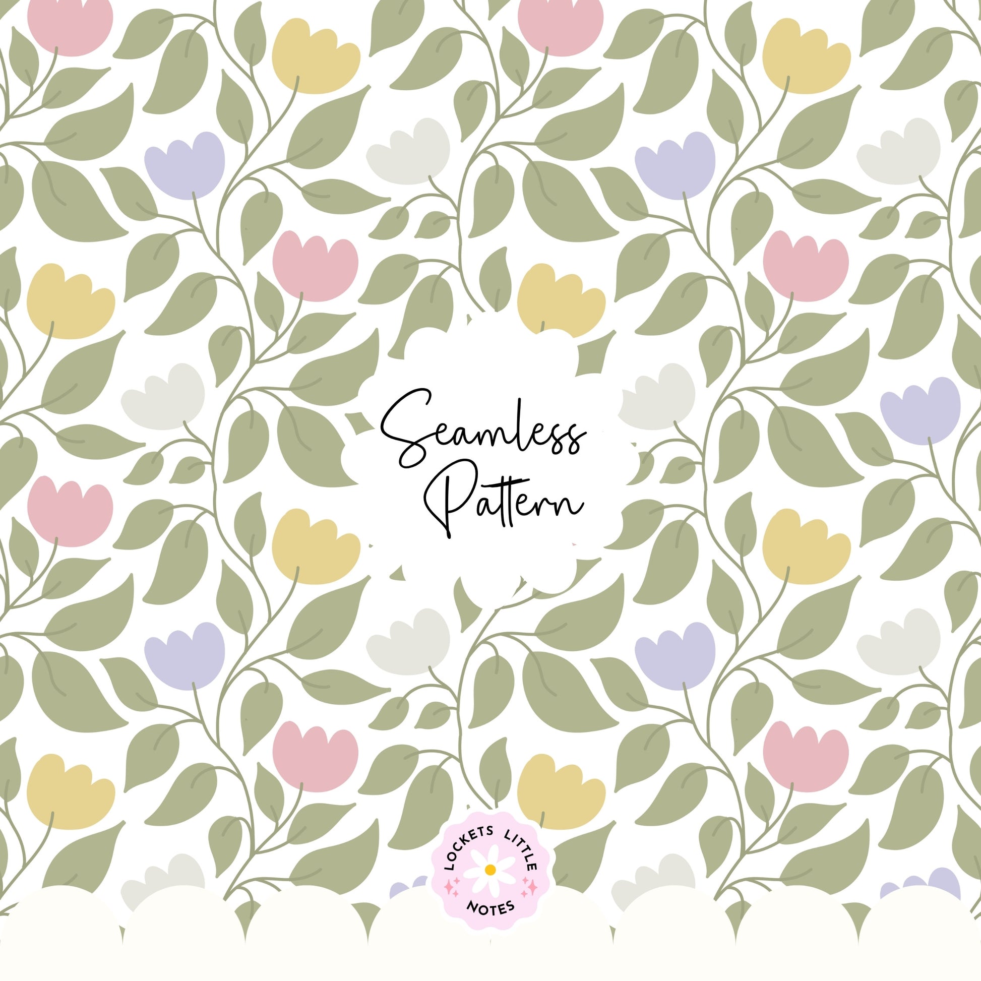 A seamless botanical pattern featuring a delicate green leaf and floral vine winding across a warm cream background. heritage design print