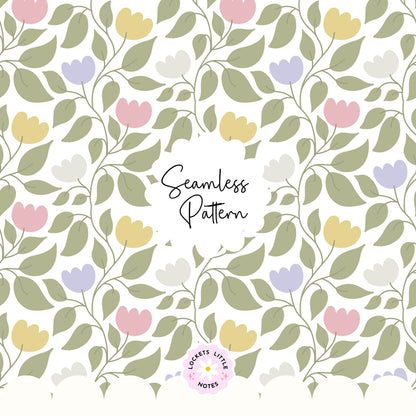 A seamless botanical pattern featuring a delicate green leaf and floral vine winding across a warm cream background. heritage design print