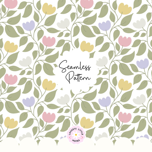 A seamless botanical pattern featuring a delicate green leaf and floral vine winding across a warm cream background. heritage design print