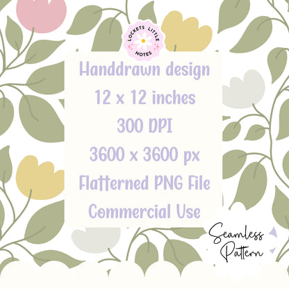 A seamless botanical pattern featuring a delicate green leaf and floral vine winding across a warm cream background. heritage design print