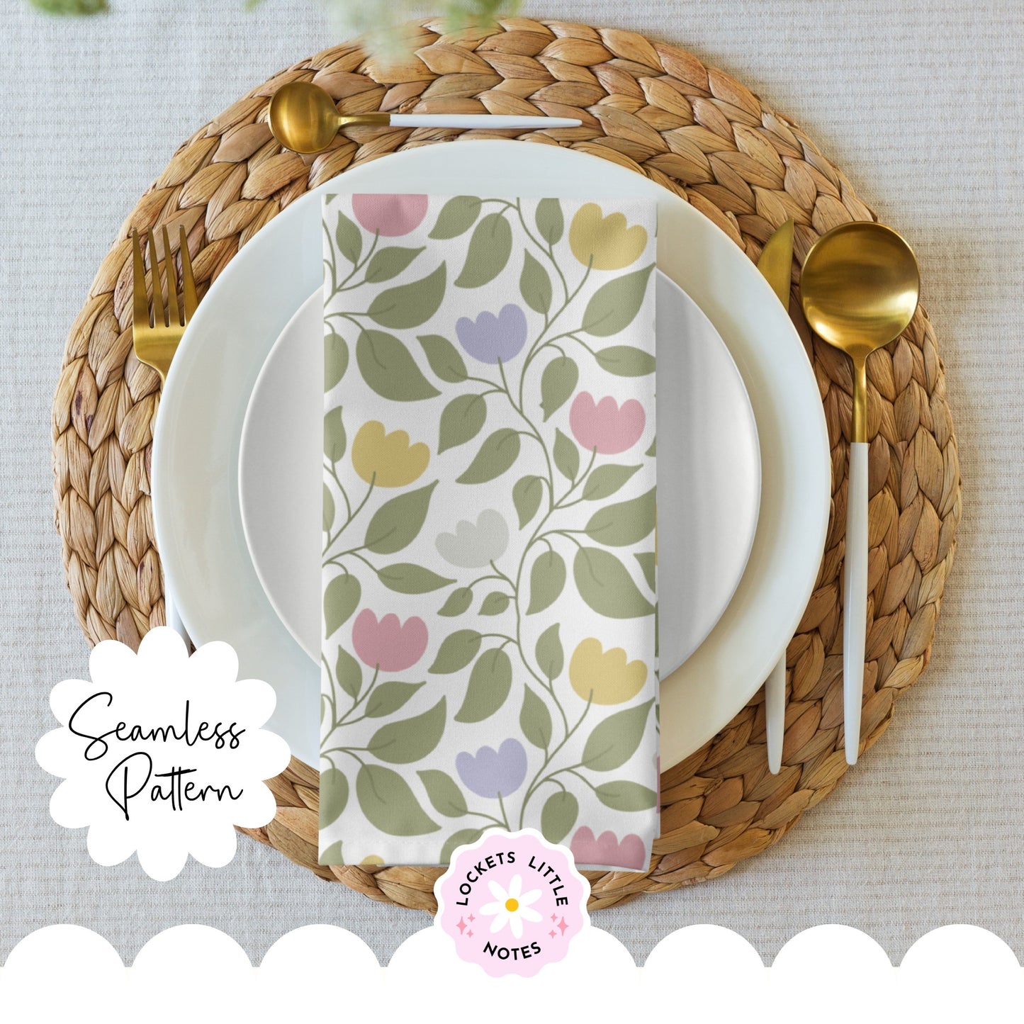 Plated setting with a floral patterned napkin on a woven placemat. A seamless botanical pattern featuring a delicate green leaf and floral vine winding across a warm cream background. heritage design print