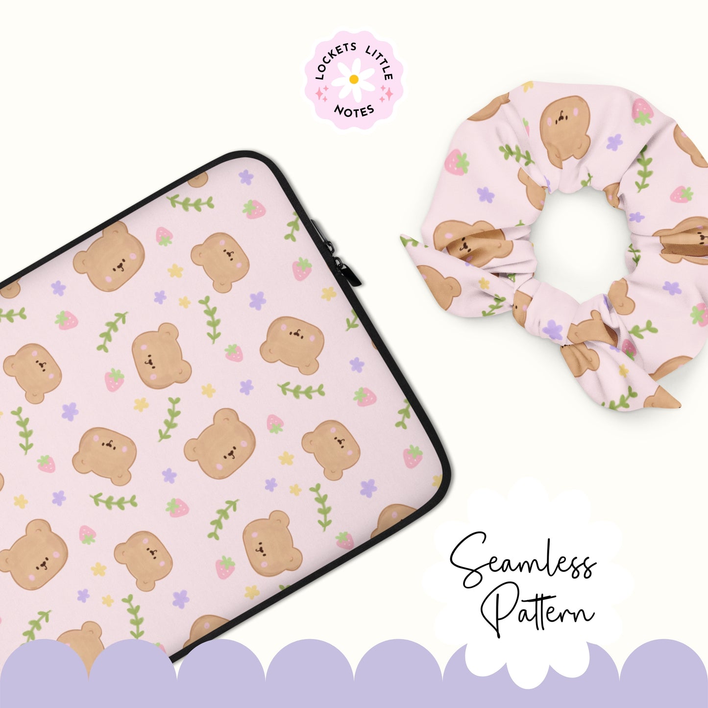 Whimsical Bear Seamless Pattern, Woodland Strawberry Floral (Digital Download)