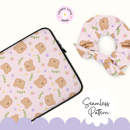 Whimsical Bear Seamless Pattern, Woodland Strawberry Floral (Digital Download)
