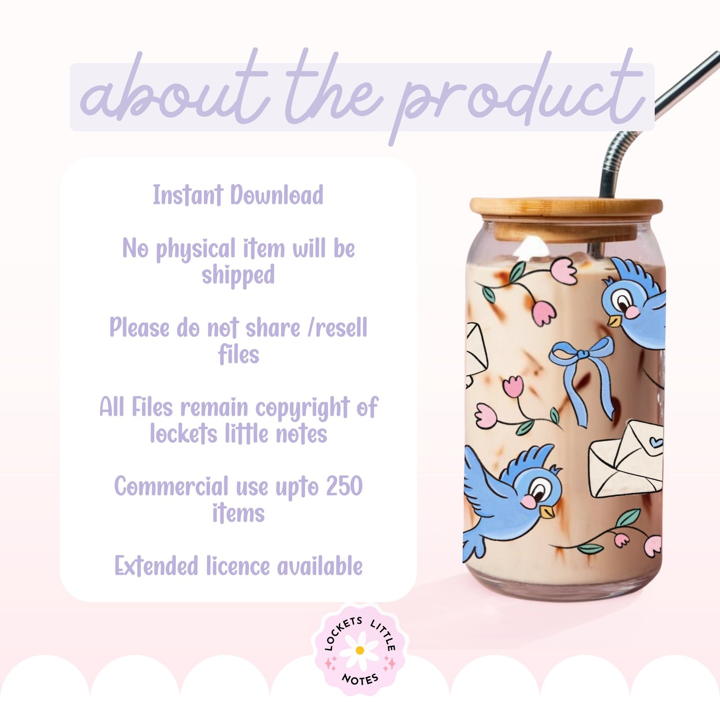 Fairytale Blue Bird Glass Can Wrap PNG, Coquette Ribbon & Rose Design, Floral Envelope 16oz Libbey tumbler, 2 Files POD, Digital Download
