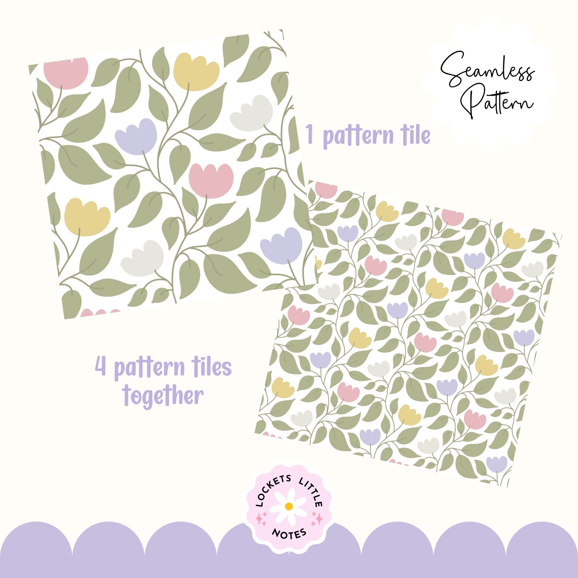 A seamless botanical pattern featuring a delicate green leaf and floral vine winding across a warm cream background. heritage design print