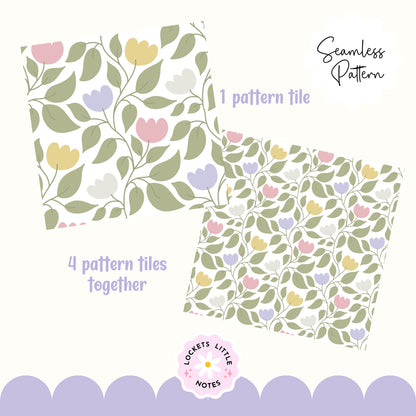 A seamless botanical pattern featuring a delicate green leaf and floral vine winding across a warm cream background. heritage design print