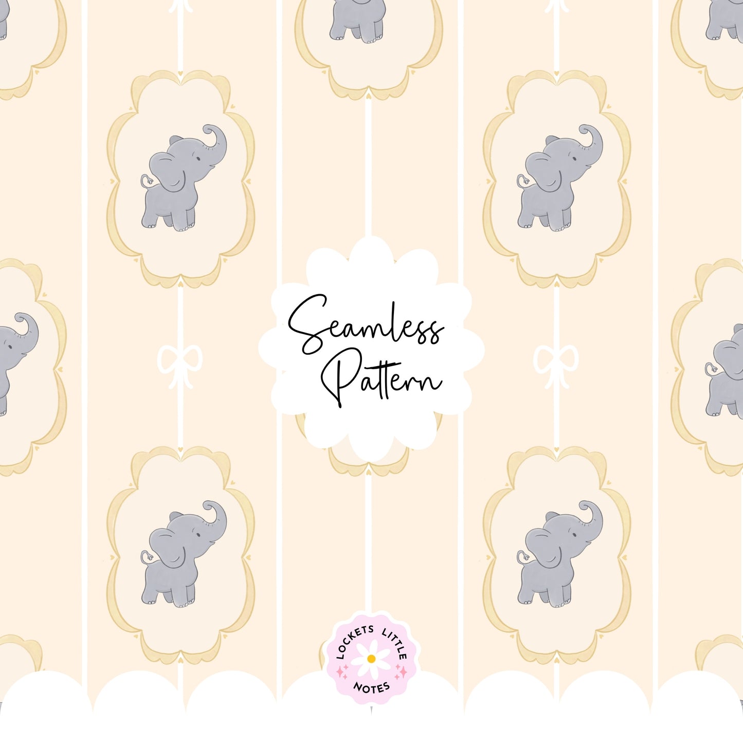 Lemon Pinstripe & Elephant Fairytale Seamless Pattern | Gold Frame Coquette Surface Design
