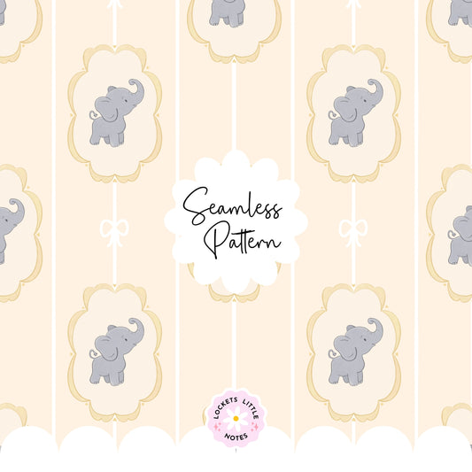 Lemon Pinstripe & Elephant Fairytale Seamless Pattern | Gold Frame Coquette Surface Design