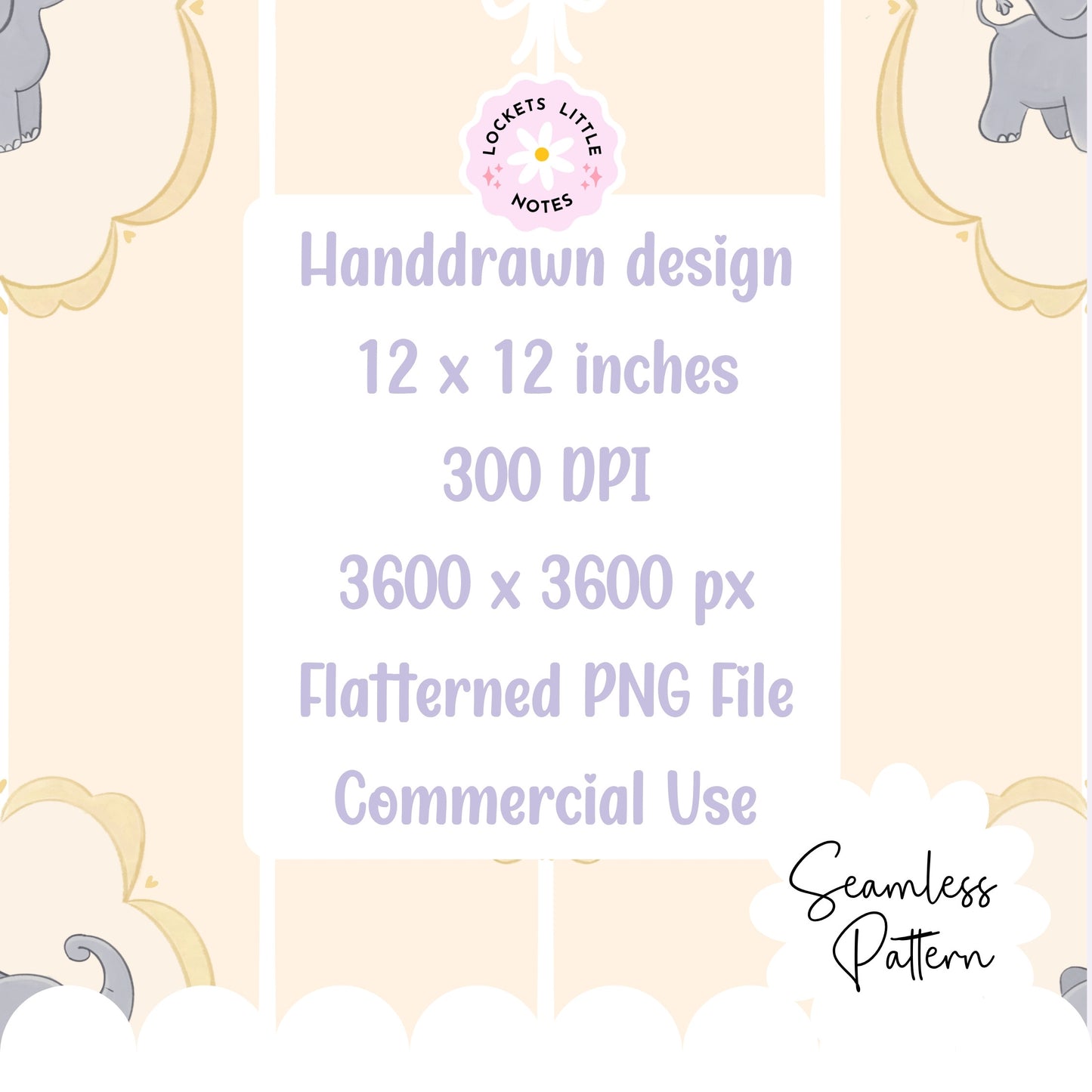 Lemon Pinstripe & Elephant Fairytale Seamless Pattern | Gold Frame Coquette Surface Design