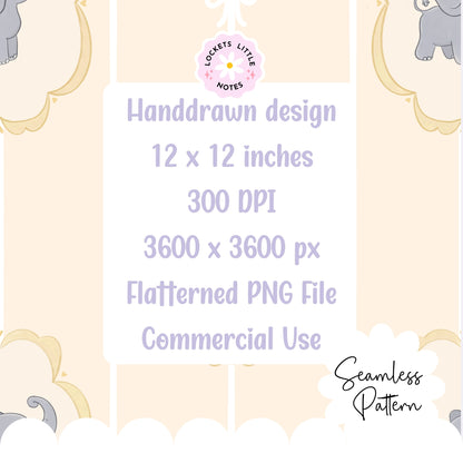Lemon Pinstripe & Elephant Fairytale Seamless Pattern | Gold Frame Coquette Surface Design