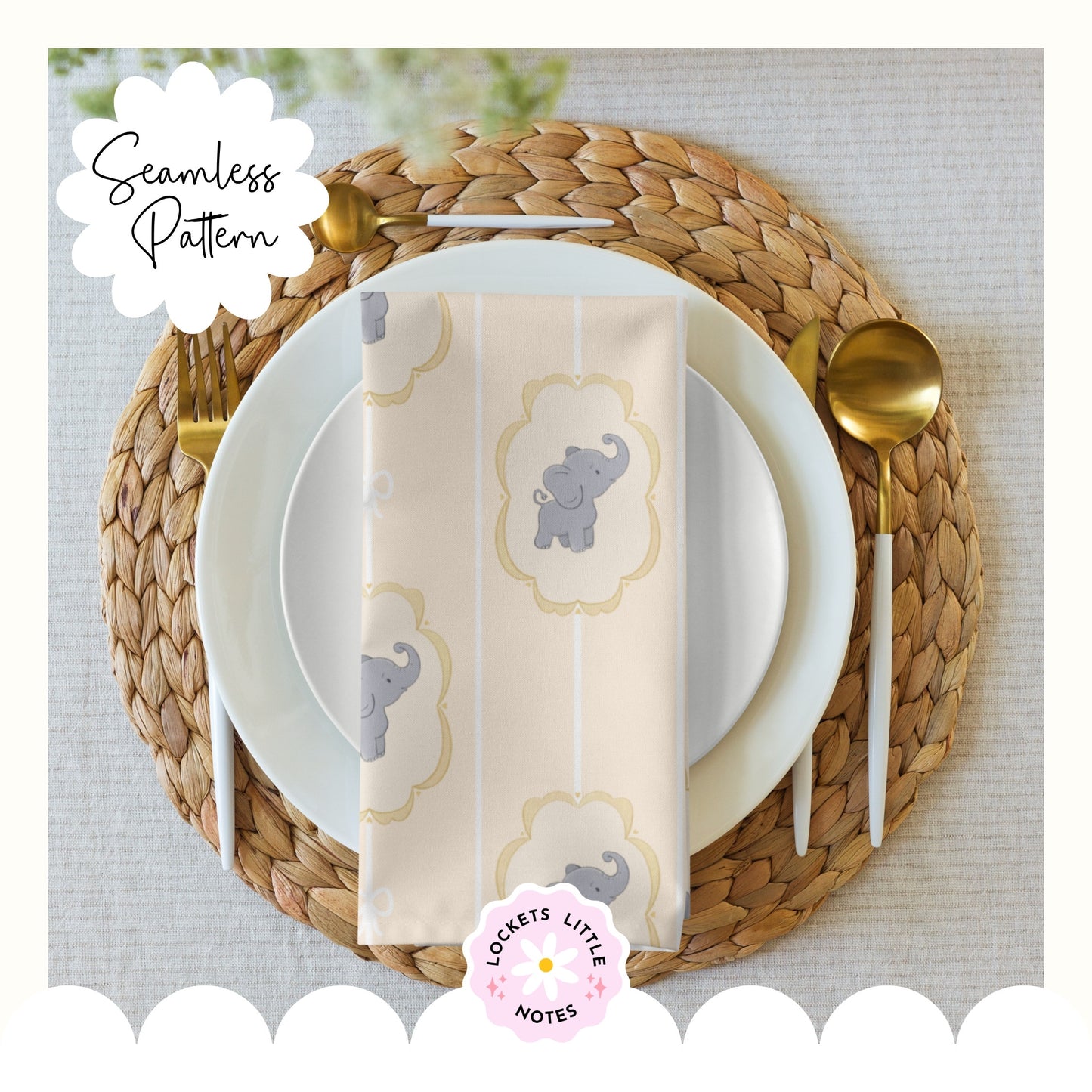 Lemon Pinstripe & Elephant Fairytale Seamless Pattern | Gold Frame Coquette Surface Design