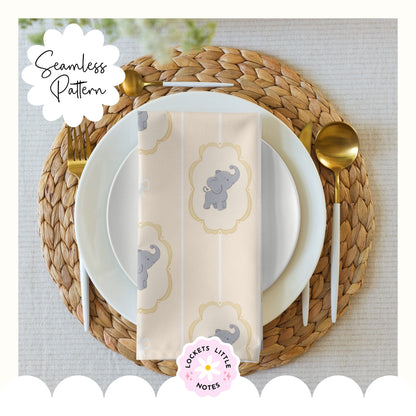 Lemon Pinstripe & Elephant Fairytale Seamless Pattern | Gold Frame Coquette Surface Design