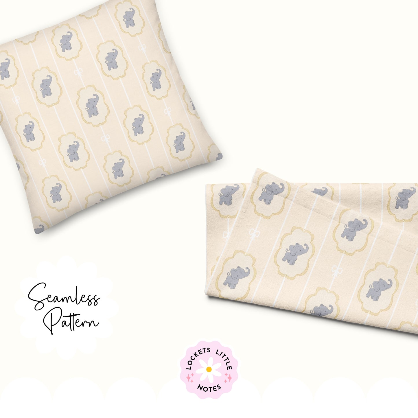Lemon Pinstripe & Elephant Fairytale Seamless Pattern | Gold Frame Coquette Surface Design