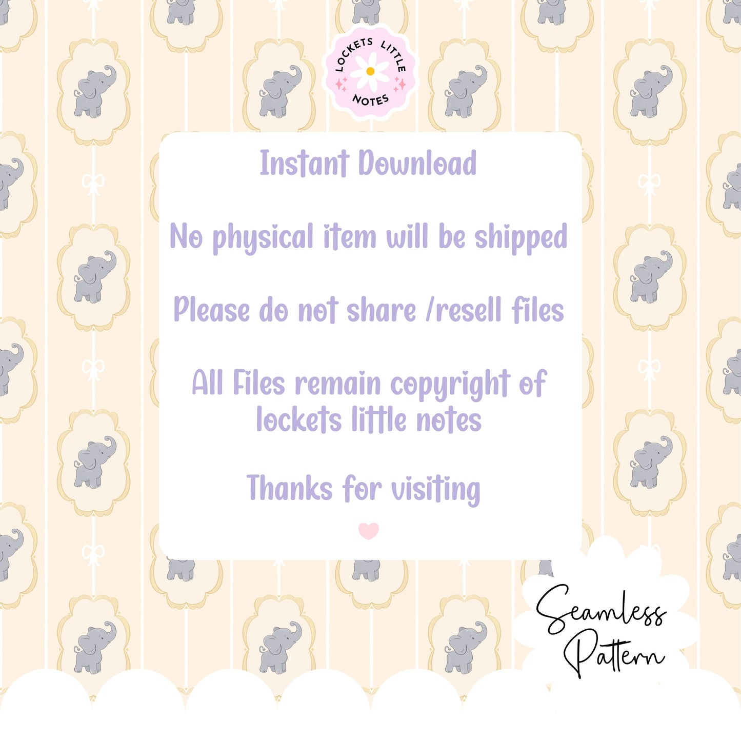Lemon Pinstripe & Elephant Fairytale Seamless Pattern | Gold Frame Coquette Surface Design