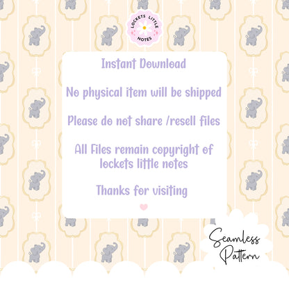 Lemon Pinstripe & Elephant Fairytale Seamless Pattern | Gold Frame Coquette Surface Design