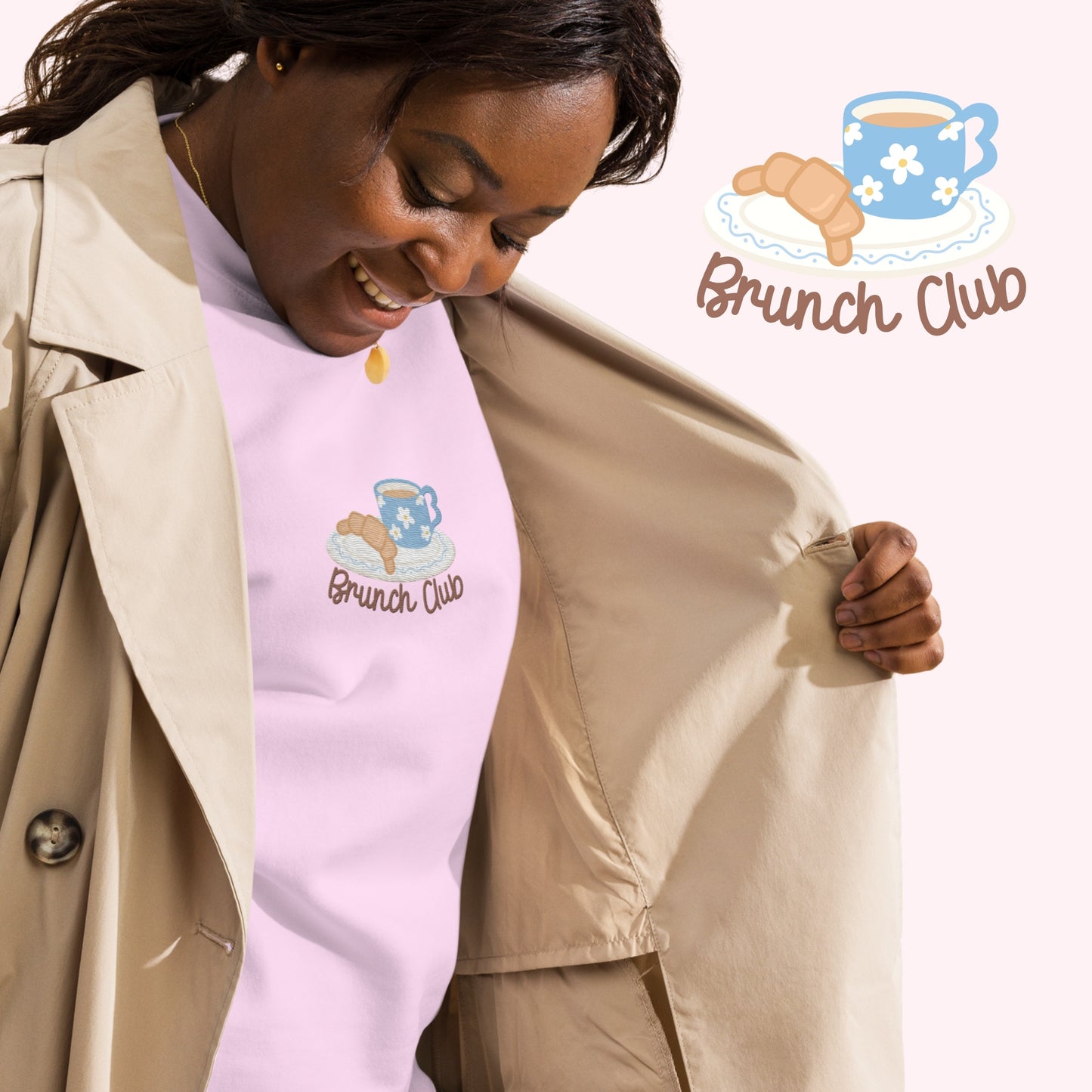 women wearing a pink sweatshirt with 'Brunch Club' design cozy croissant jumper. 
