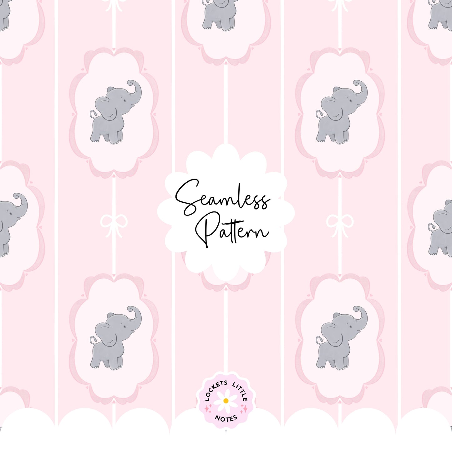 Pink Pinstripe & Elephant Fairytale Seamless Pattern | Gold Frame Coquette Surface Design