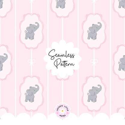 Pink Pinstripe & Elephant Fairytale Seamless Pattern | Gold Frame Coquette Surface Design