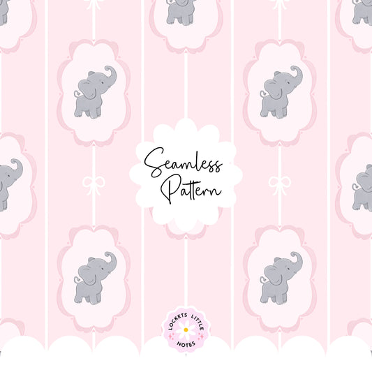 Pink Pinstripe & Elephant Fairytale Seamless Pattern | Gold Frame Coquette Surface Design