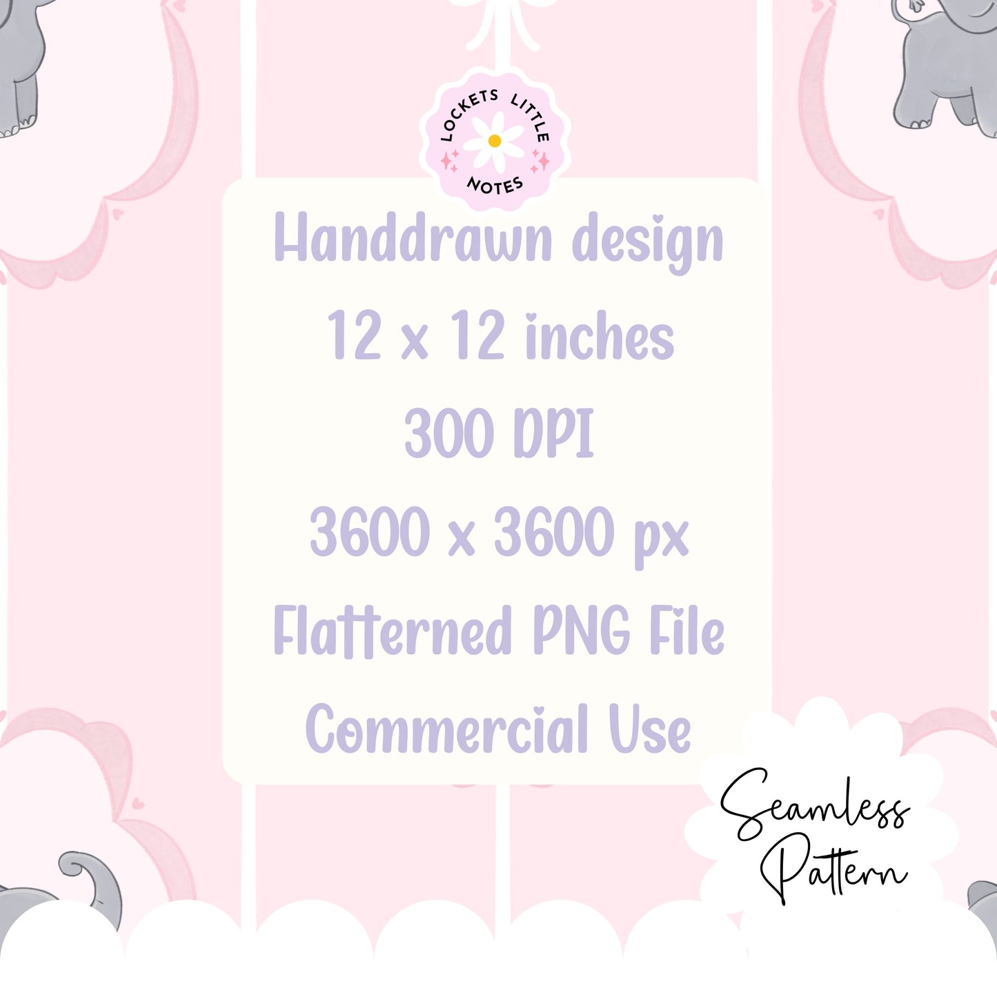 Pink Pinstripe & Elephant Fairytale Seamless Pattern | Gold Frame Coquette Surface Design
