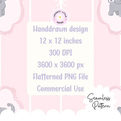 Pink Pinstripe & Elephant Fairytale Seamless Pattern | Gold Frame Coquette Surface Design