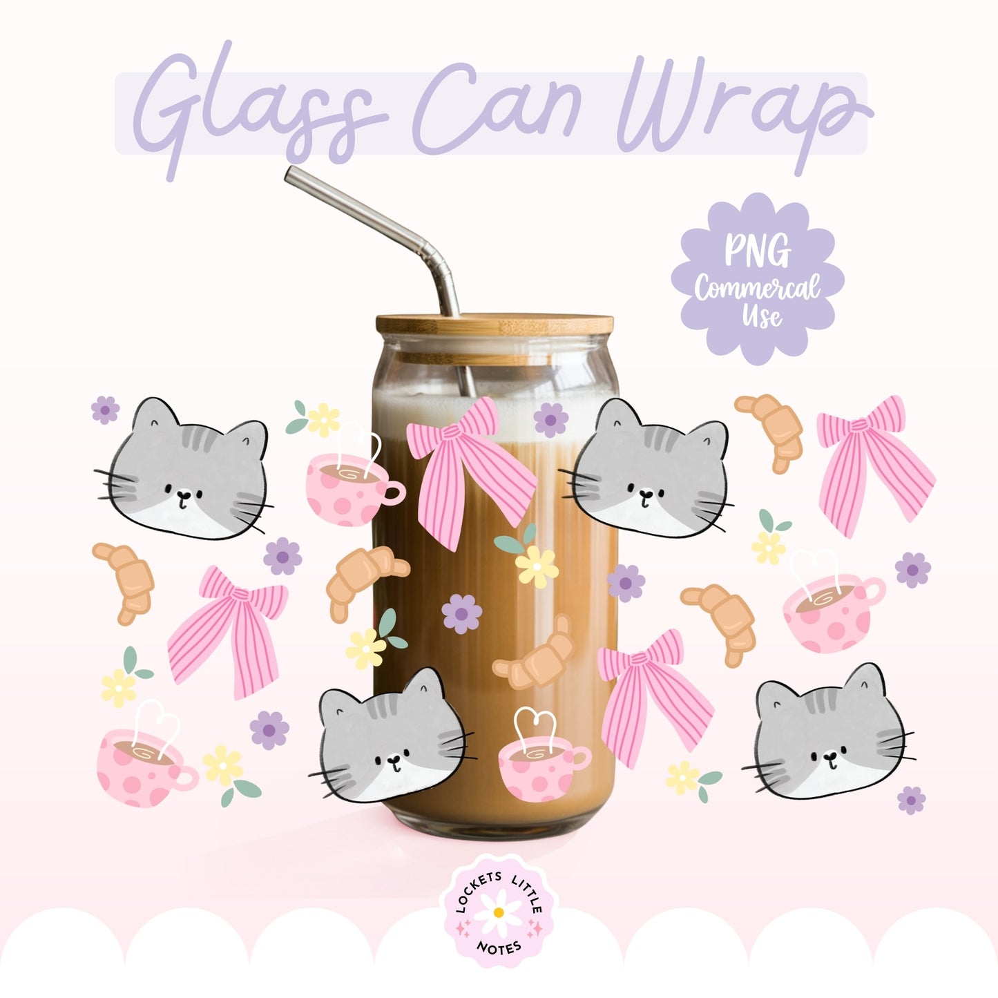 Kawaii Grey Cat Glass Can Wrap PNG, Coffee & Croissant Coquette Design, Floral Pink Ribbon 16oz Libbey, 2 Files POD, Digital Download