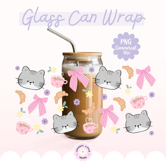 Kawaii Grey Cat Glass Can Wrap PNG, Coffee & Croissant Coquette Design, Floral Pink Ribbon 16oz Libbey, 2 Files POD, Digital Download