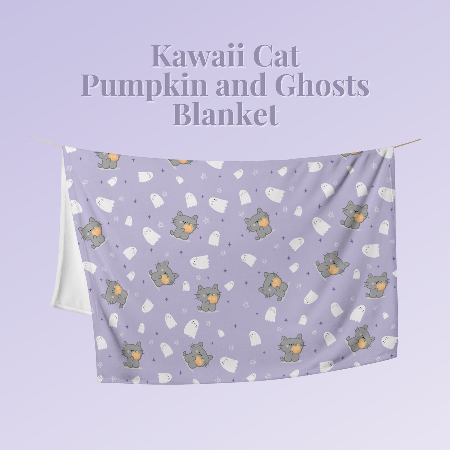 Kawaii Cat, Pumpkin and Ghosts Purple Blanket
