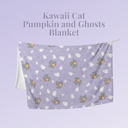 Kawaii Cat, Pumpkin and Ghosts Purple Blanket