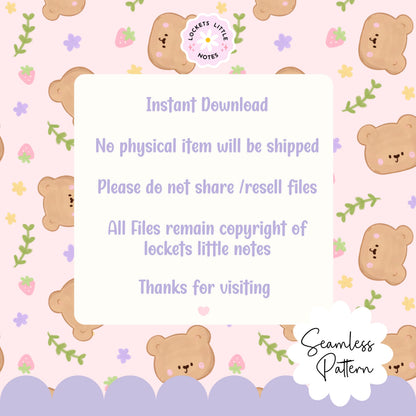 Whimsical Bear Seamless Pattern, Woodland Strawberry Floral (Digital Download)